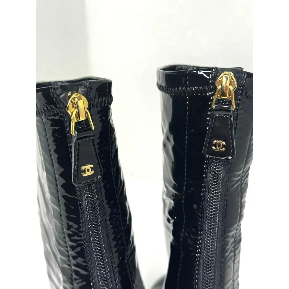Chanel Patent Leather Black Ankle Boots Glossy CC Logo Booties Classic Chic 39